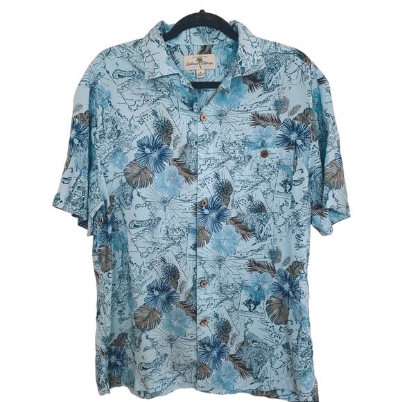 Island Shores Blue Cuban Map Print Button Shirt Medium - Picture 1 of 5